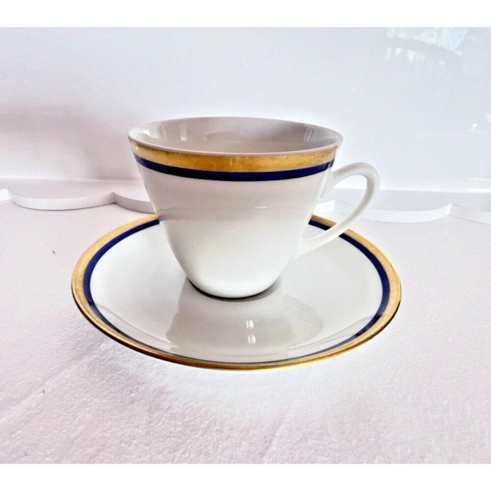 Cup & Saucer Fine Bohemian China POMPADOUR Czechoslovakia White Blue Gold Banded